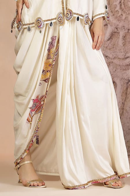 Buy_Soniya G_Ivory Muslin, Silk Embroidery V-neck Draped Dhoti Pant And Blouse Set _Online_at_Aza_Fashions