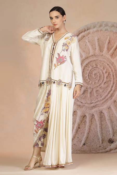 Shop_Soniya G_Ivory Muslin, Silk Embroidery V-neck Draped Dhoti Pant And Blouse Set _Online_at_Aza_Fashions