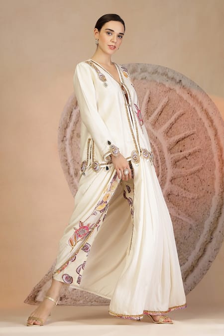 Soniya G_Ivory Muslin, Silk Embroidery V-neck Draped Dhoti Pant And Blouse Set _at_Aza_Fashions