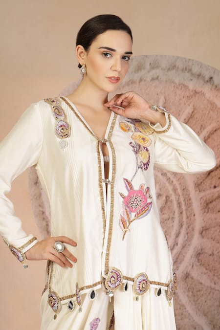Buy_Soniya G_Ivory Muslin, Silk Embroidery V-neck Draped Dhoti Pant And Blouse Set 
