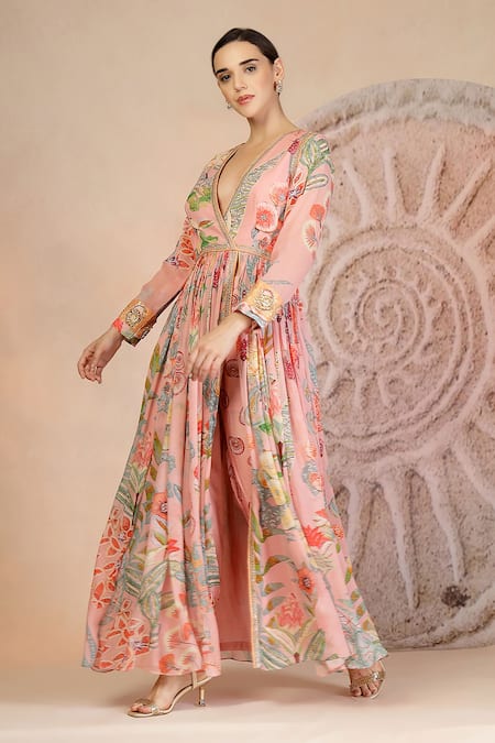 Soniya G_Pink Georgette, Muslin, Silk Embroidery Pastel Floral Anarkali And Pant Set _Online_at_Aza_Fashions