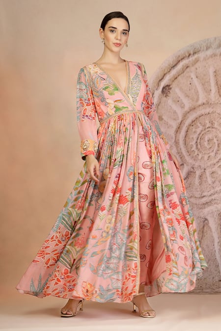 Buy_Soniya G_Pink Georgette, Muslin, Silk Embroidery Pastel Floral Anarkali And Pant Set _Online_at_Aza_Fashions