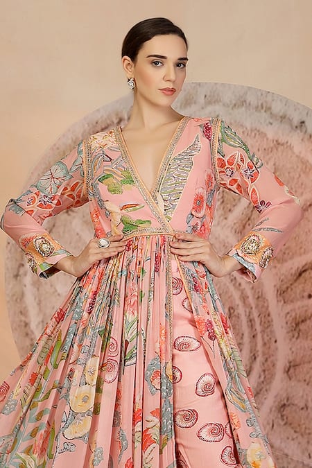 Shop Soniya G Pink Georgette, Muslin, Silk Embroidery Pastel Floral Anarkali And Pant Set Online at Aza Fashions Shop_Soniya G_Pink Georgette, Muslin, Silk Embroidery Pastel Floral Anarkali And Pant Set _Online_at_Aza_Fashions