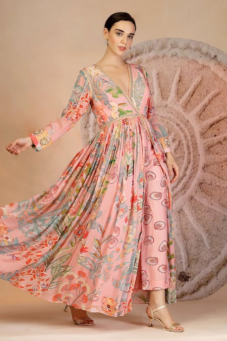 Soniya G_Pink Georgette, Muslin, Silk Embroidery Pastel Floral Anarkali And Pant Set _at_Aza_Fashions