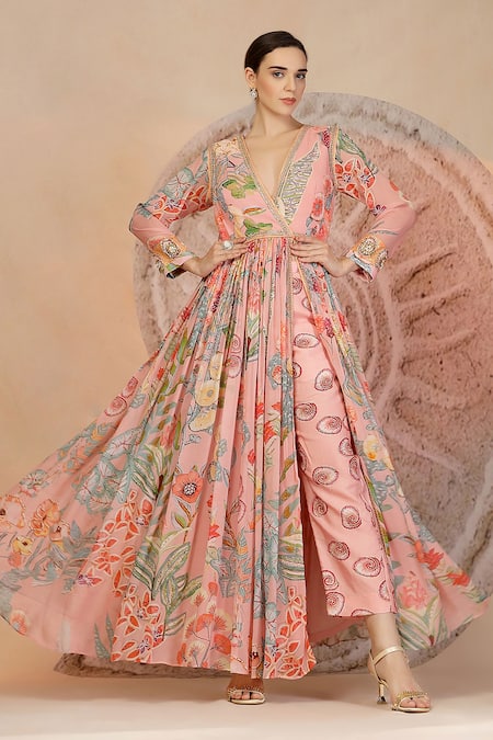 Soniya G Pink Georgette, Muslin, Silk Embroidery Pastel Floral Anarkali And Pant Set 
