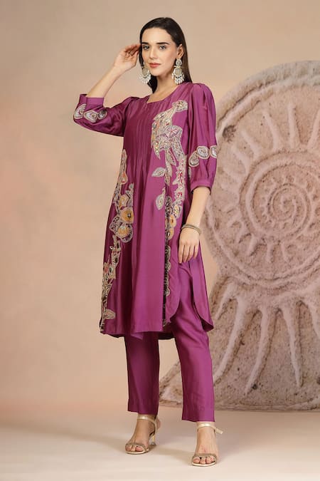 Soniya G_Purple Muslin, Silk Embroidery Round Neck Designer Kurta Pant Set _Online_at_Aza_Fashions