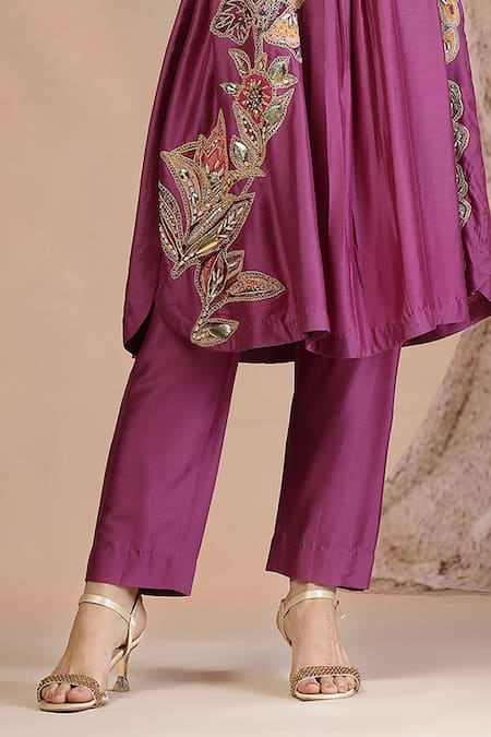 Buy_Soniya G_Purple Muslin, Silk Embroidery Round Neck Designer Kurta Pant Set _Online_at_Aza_Fashions