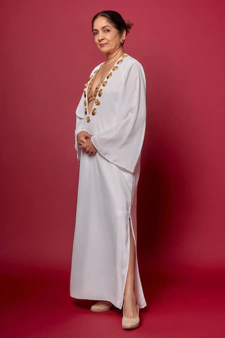Shop_Masaba_White Georgette Embroidery Plunge Neck The Rann Mascot Embellished Kaftan _Online_at_Aza_Fashions