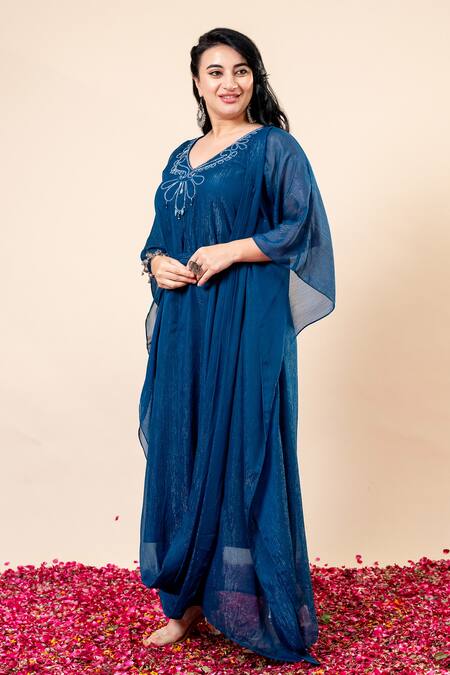 Mamicha_Teal Chiffon Beads V-neck Draped Kaftan With Belt_Online_at_Aza_Fashions