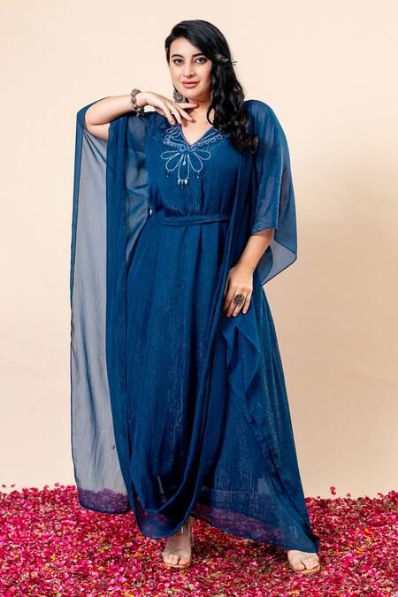 Buy_Mamicha_Teal Chiffon Beads V-neck Draped Kaftan With Belt_Online_at_Aza_Fashions
