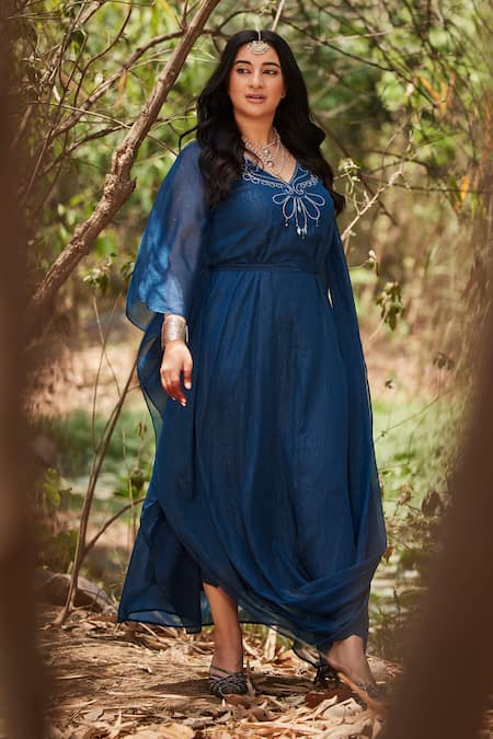 Mamicha Teal Chiffon Beads V-neck Draped Kaftan With Belt