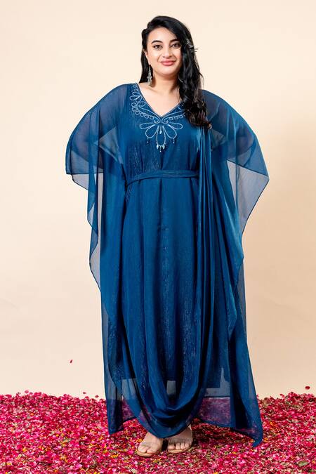Shop_Mamicha_Teal Chiffon Beads V-neck Draped Kaftan With Belt_Online_at_Aza_Fashions