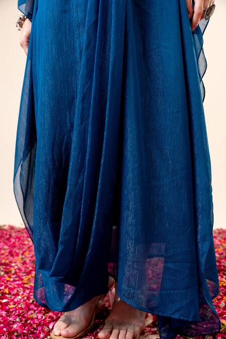 Buy_Mamicha_Teal Chiffon Beads V-neck Draped Kaftan With Belt