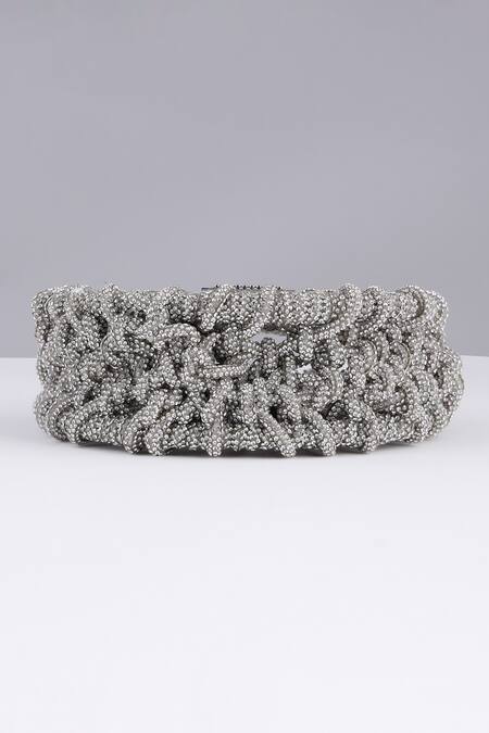 Buy_Modarta_Silver Crystals Crescent Clutch Bag _Online_at_Aza_Fashions