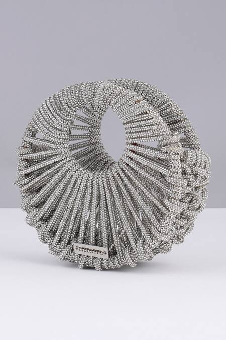 Buy_Modarta_Silver Crystals Crescent Clutch Bag 
