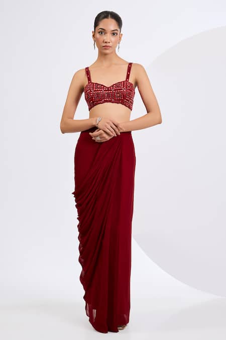 Neha Khullar Red Crepe, Viscose Georgette Mirrors, Deep Designer Cape And Draped Skirt Set Online at Aza Fashions Neha Khullar_Red Crepe, Viscose Georgette Mirrors, Deep Designer Cape And Draped Skirt Set _Online_at_Aza_Fashions