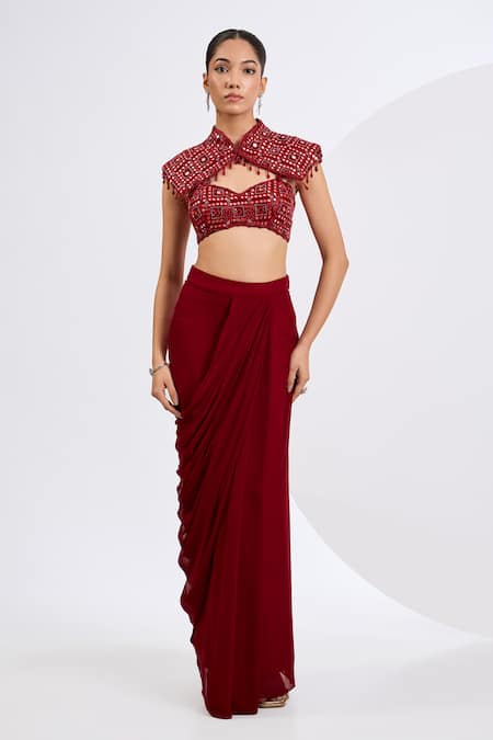 Neha Khullar Red Crepe, Viscose Georgette Mirrors, Deep Designer Cape And Draped Skirt Set 