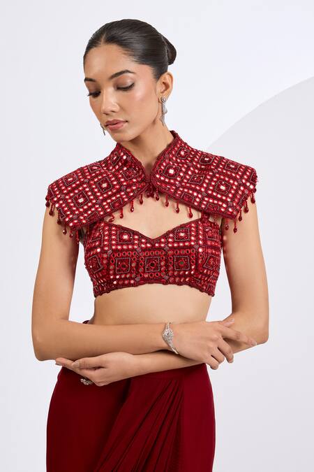 Shop Neha Khullar Red Crepe, Viscose Georgette Mirrors, Deep Designer Cape And Draped Skirt Set Online at Aza Fashions Shop_Neha Khullar_Red Crepe, Viscose Georgette Mirrors, Deep Designer Cape And Draped Skirt Set _Online_at_Aza_Fashions