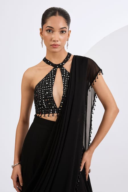 Neha Khullar_Black , , Embroidered Lehenga Set With Drape _Online_at_Aza_Fashions