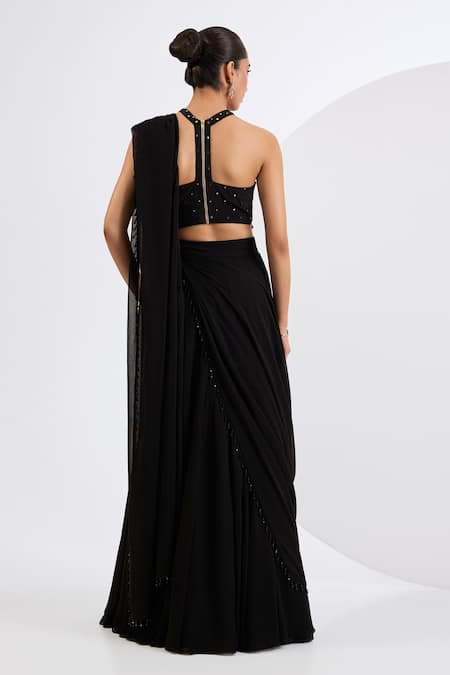 Neha Khullar Black Embroidered Lehenga Set With Drape 