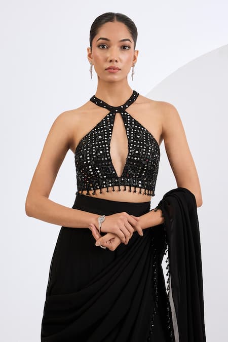 Buy_Neha Khullar_Black , , Embroidered Lehenga Set With Drape _Online_at_Aza_Fashions