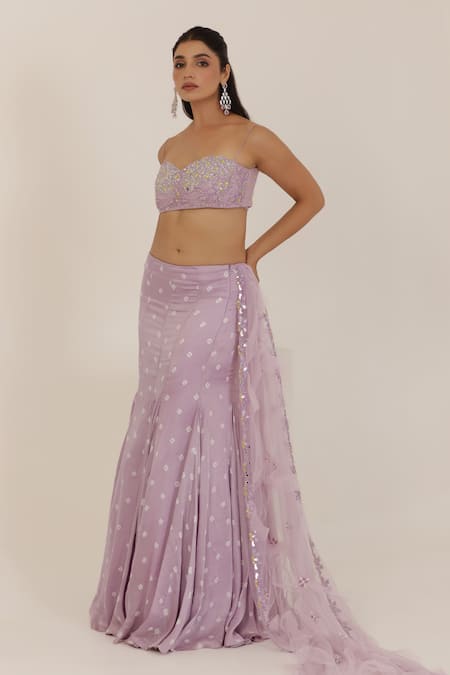 Manisha Soni Couture_Lavender Net, Silk Satin Sequins, Beads Round Neck Hand Embroidered Lehenga Set _Online_at_Aza_Fashions
