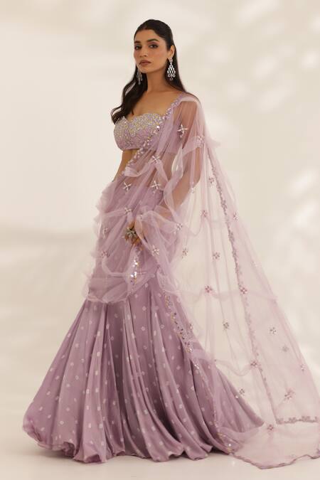 Buy_Manisha Soni Couture_Lavender Net, Silk Satin Sequins, Beads Round Neck Hand Embroidered Lehenga Set _Online_at_Aza_Fashions