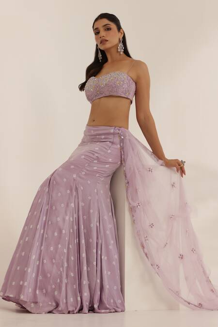 Shop_Manisha Soni Couture_Lavender Net, Silk Satin Sequins, Beads Round Neck Hand Embroidered Lehenga Set _Online_at_Aza_Fashions