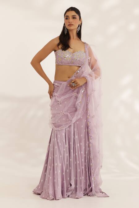 Manisha Soni Couture_Lavender Net, Silk Satin Sequins, Beads Round Neck Hand Embroidered Lehenga Set _at_Aza_Fashions