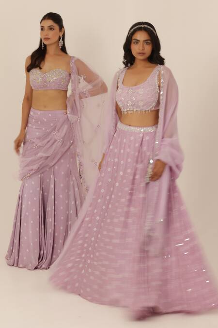 Shop_Manisha Soni Couture_Lavender Net, Silk Satin Sequins, Beads Round Neck Hand Embroidered Lehenga Set 