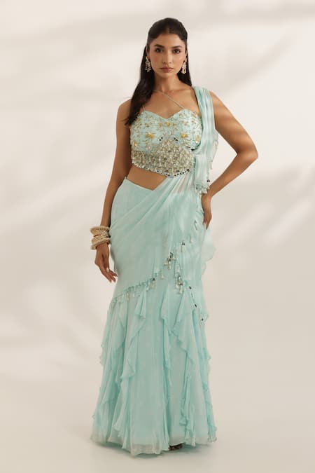 Manisha Soni Couture Sky Blue Georgette, Silk Beads Sweetheart Neck Hand Embroidered Lehenga Set 