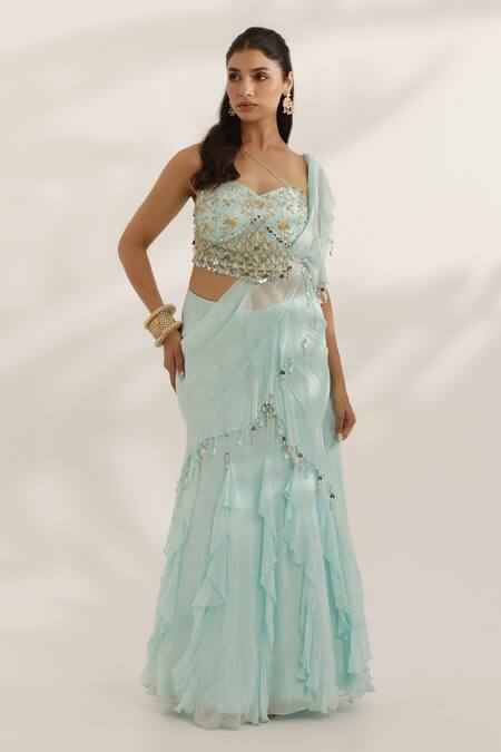 Manisha Soni Couture_Sky Blue Georgette, Silk Beads Sweetheart Neck Hand Embroidered Lehenga Set _Online_at_Aza_Fashions