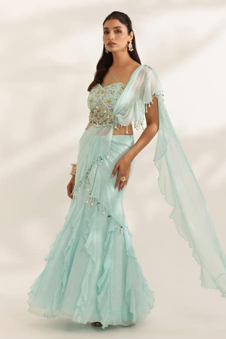Buy_Manisha Soni Couture_Sky Blue Georgette, Silk Beads Sweetheart Neck Hand Embroidered Lehenga Set _Online_at_Aza_Fashions
