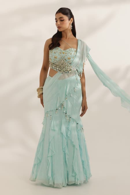 Manisha Soni Couture Sky Blue Hand Embroidered Lehenga Set 