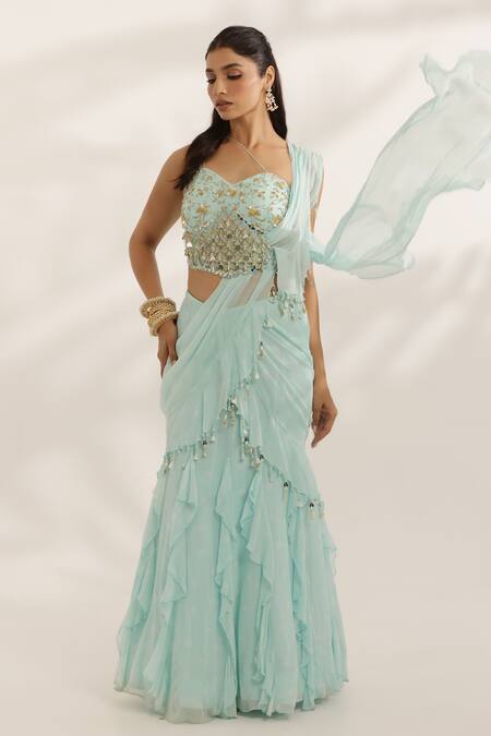 Shop_Manisha Soni Couture_Sky Blue Georgette, Silk Beads Sweetheart Neck Hand Embroidered Lehenga Set _Online_at_Aza_Fashions