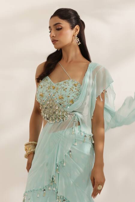Manisha Soni Couture_Sky Blue Georgette, Silk Beads Sweetheart Neck Hand Embroidered Lehenga Set _at_Aza_Fashions