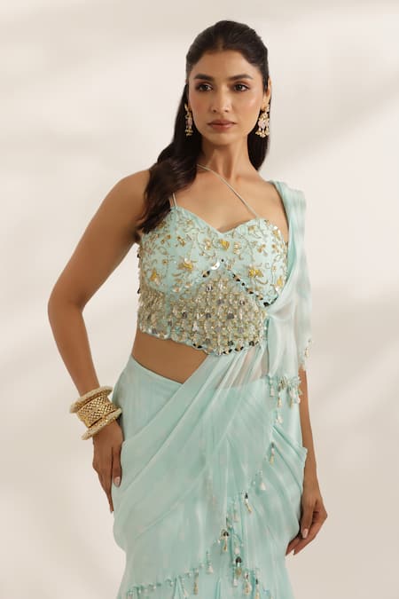 Buy_Manisha Soni Couture_Sky Blue Georgette, Silk Beads Sweetheart Neck Hand Embroidered Lehenga Set 