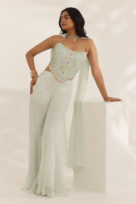 Manisha Soni Couture Mint Georgette, Organza Beads, Sequins, Embroidery Square Neck Green Hand Set