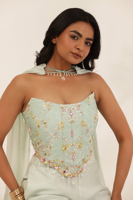 Buy_Manisha Soni Couture_Mint Georgette, Organza Beads, Sequins, Embroidery Square Neck Green Hand Set _Online_at_Aza_Fashions