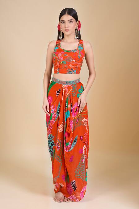Samyukta Singhania_Orange Chinon Sequins, Cut Work Round Neck, Embroidered Crop Top And Jacket Set_Online_at_Aza_Fashions