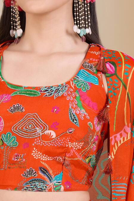 Buy_Samyukta Singhania_Orange Chinon Sequins, Cut Work Round Neck, Embroidered Crop Top And Jacket Set_Online_at_Aza_Fashions