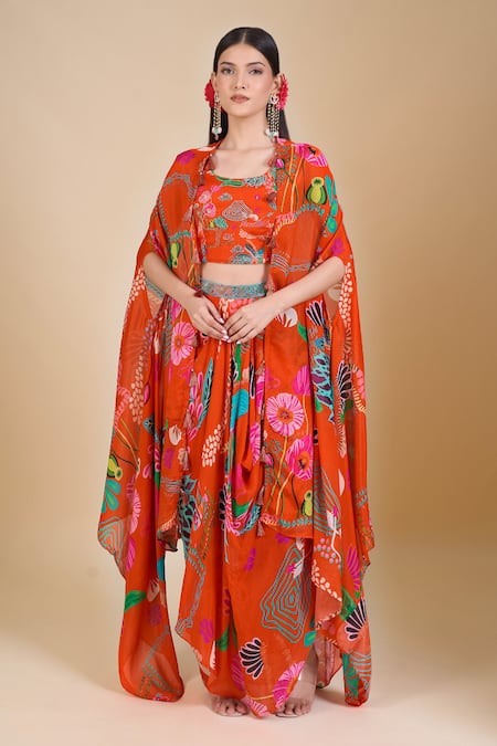 Samyukta Singhania Orange Embroidered Crop Top & Jacket Set 