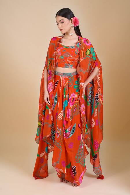 Buy_Samyukta Singhania_Orange Chinon Sequins, Cut Work Round Neck, Embroidered Crop Top And Jacket Set