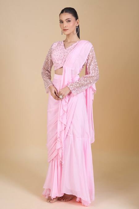 Samyukta Singhania Pink Net, Chinon Sequins, Zari, Beads Embroidered Blouse And Pre-draped Saree Online at Aza Fashions Samyukta Singhania_Pink Net, Chinon Sequins, Zari, Beads Embroidered Blouse And Pre-draped Saree_Online_at_Aza_Fashions