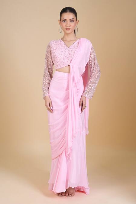 Buy Samyukta Singhania Pink Net, Chinon Sequins, Zari, Beads Embroidered Blouse And Pre-draped Saree Online at Aza Fashions Buy_Samyukta Singhania_Pink Net, Chinon Sequins, Zari, Beads Embroidered Blouse And Pre-draped Saree_Online_at_Aza_Fashions
