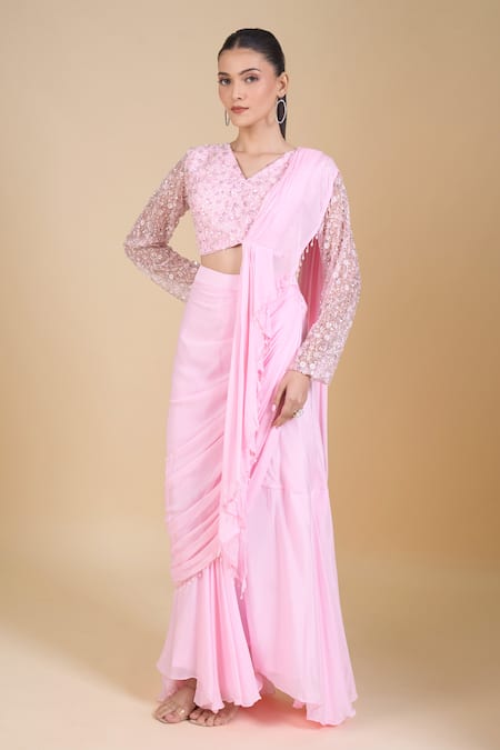 Samyukta Singhania Pink Embroidered Blouse & Pre-Draped Saree 