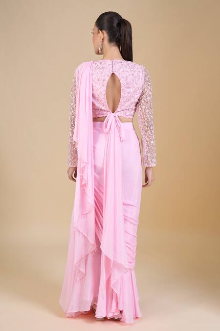 Shop Samyukta Singhania Pink Net, Chinon Sequins, Zari, Beads Embroidered Blouse And Pre-draped Saree at Aza Fashions Shop_Samyukta Singhania_Pink Net, Chinon Sequins, Zari, Beads Embroidered Blouse And Pre-draped Saree_at_Aza_Fashions