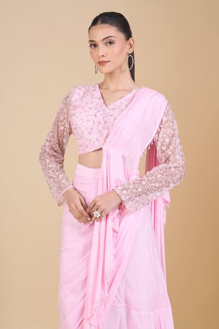 Samyukta Singhania Pink Net, Chinon Sequins, Zari, Beads Embroidered Blouse And Pre-draped Saree at Aza Fashions Samyukta Singhania_Pink Net, Chinon Sequins, Zari, Beads Embroidered Blouse And Pre-draped Saree_at_Aza_Fashions