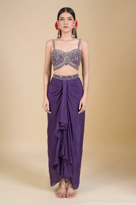 Samyukta Singhania_Purple Chinon Zari, Sequins Sweetheart Neck, Embroidered Crop Top And Skirt Set_Online_at_Aza_Fashions