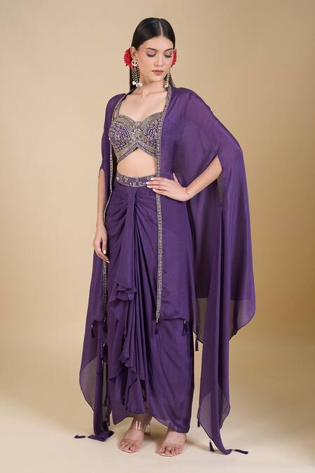 Buy_Samyukta Singhania_Purple Chinon Zari, Sequins Sweetheart Neck, Embroidered Crop Top And Skirt Set_Online_at_Aza_Fashions